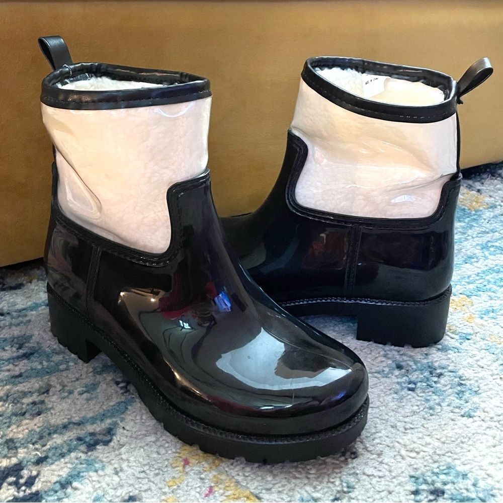 Charter Club Trudy Black Fleece Plastic Rain Boots Sz 8
